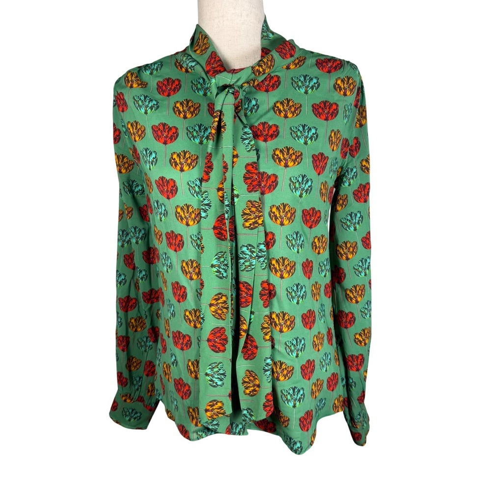 Ann Mashburn Tulip Floral Tie Neck Blouse Womens Size S Green Viscose Preppy Bow
